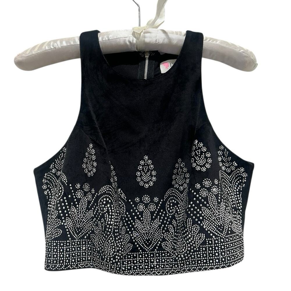 Latiste Black Velvet Rhinestone Cropped Tank Top Festival Gothic Anthro Style - Picture 5 of 9